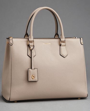 A stylish office bag resting on a wooden desk beside a laptop and notebook.
