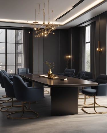 Spacious minimalist living room with large windows and sophisticated decor.