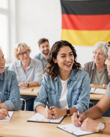 Close-up of a teacher assisting a student during a language test.