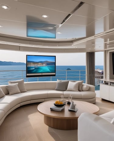 View inside an elegant home setting with a large TV displaying a vivid digital art piece from Monte Carlo Digital Television.