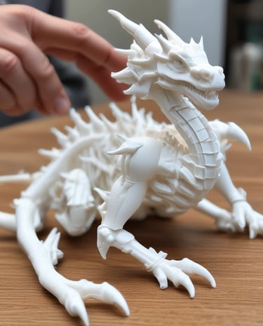 A cozy moment showing hands carefully assembling a small 3D printed model next to crafted puppets.