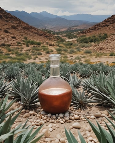 Colorful mezcal bottles lined up against a backdrop of earthy, artisanal colors.