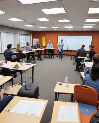 Business professionals collaborating around a conference table with AI strategy documents.