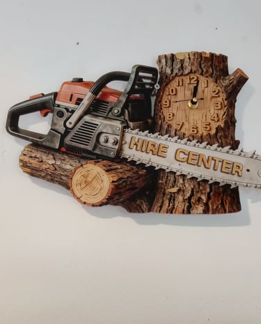 Decorative chainsaw wall clock featuring a rustic wood log design and Hire Center branding.