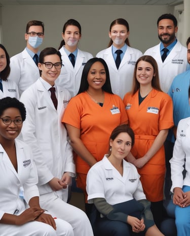 A friendly team of home care professionals gathered together, ready to support clients.