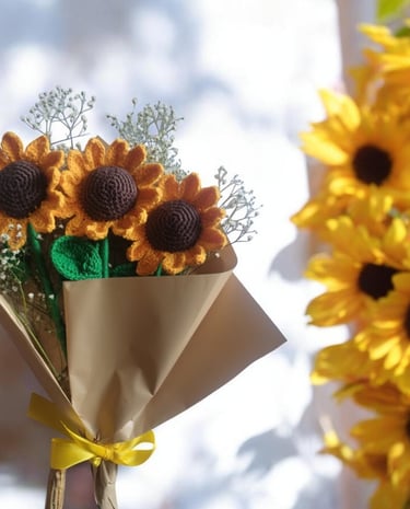 Ramo de girasoles hecho a mano con ganchillo, envuelto en papel marrón y con una cinta amarilla.