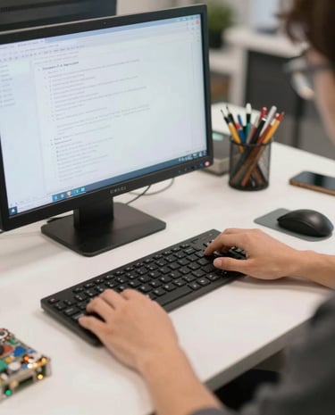 Software developer typing on a keyboard while coding on a computer at a modern workspace.