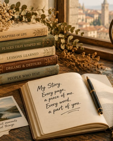 Cozy desk setup with vintage books, open journal, globe, and candle by a window overlooking a city.