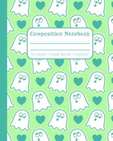 GREEN COMPOSITION NOTEBOOK - Cute Ghosts & Hearts