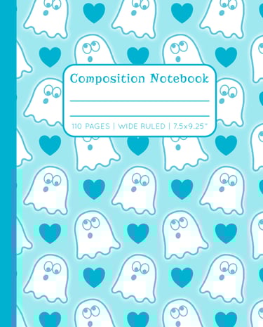 TEAL COMPOSITION NOTEBOOK - Cute Ghosts & Hearts