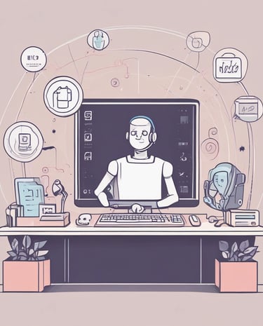 Minimalistic workspace with a sleek computer and automation diagrams on screen.