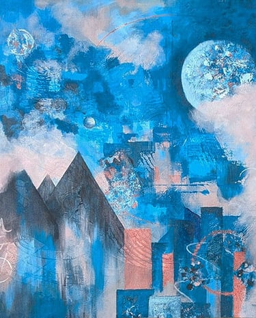 abstract cityscape with moons in blue, peach, and cream