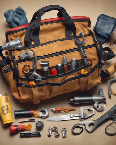A collection of hand tools arranged on a wooden surface, including a hammer with a black handle, pliers with orange grips, an adjustable wrench, and a screwdriver.