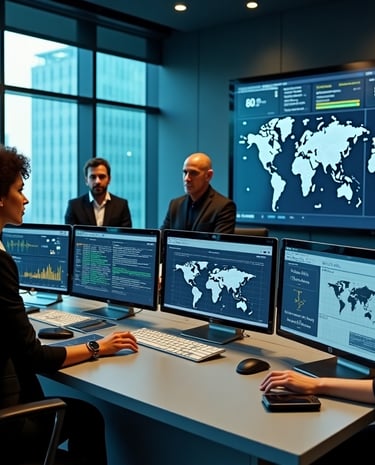 a group of people sitting at a desk with computers