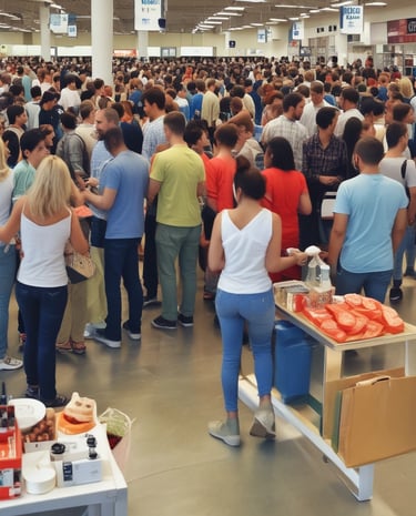 a large group of people standing around a table