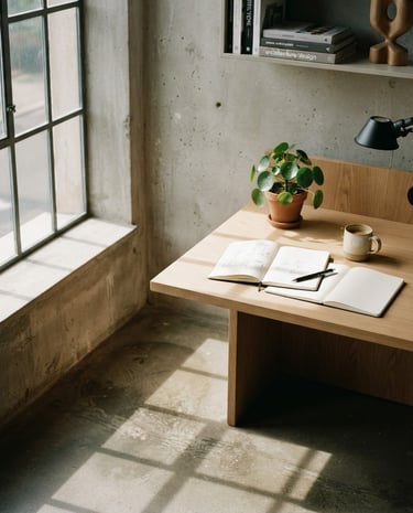 Architectural crop of a modern design studio space, soft window light casting long shadows on a concrete floor, minimalist wood desk with notebooks