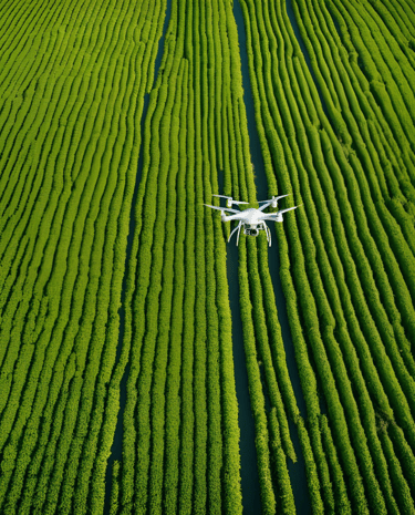 drone flying over a field of crops