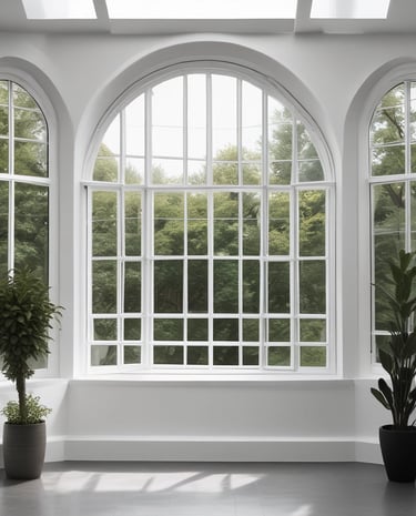 A wooden framed window with a metal grid installed over it. The window panes are reflective, displaying a faint reflection of a building structure and some foliage. The frame is set in a pale-colored wall, and there is a portion of a cream railing visible at the bottom.