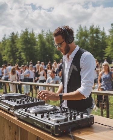 a man in a tan shirt and headphones on a table