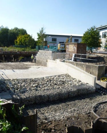 the weir over River Cray, Kent during works to repair the weir & create a fish pass