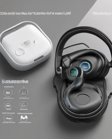 A collection of sleek electronic devices including a smartphone, tablet, stylus, wireless earbuds, and a charging case arranged on a white surface. The minimalist design and modern technology are accentuated by a monochrome color palette.