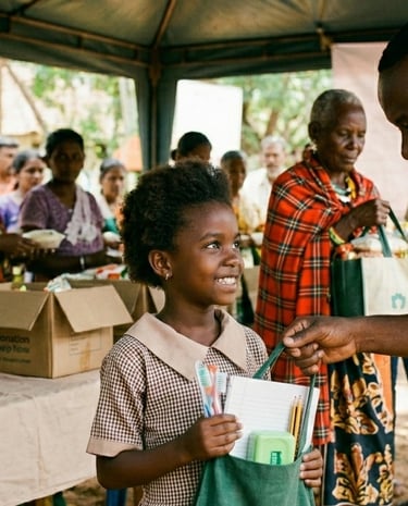Volunteer handing school supplies to a smiling girl at a community food and donation drive.