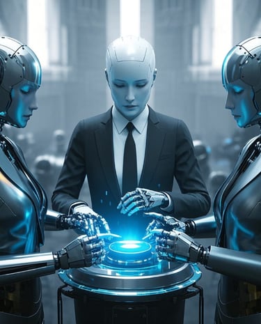 a couple of ai female robots business suits working together 