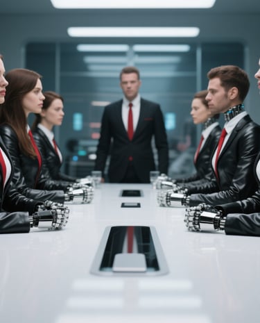 a group of people in suits and ties sitting at a conference table