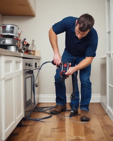 A rusted, old iron pipe system lies on the ground in a dry, rocky area surrounded by scattered stones and some dry branches. The area is sparse with dried grass and a few patches of moss.