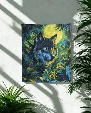 tapestry of a wolf on the wall