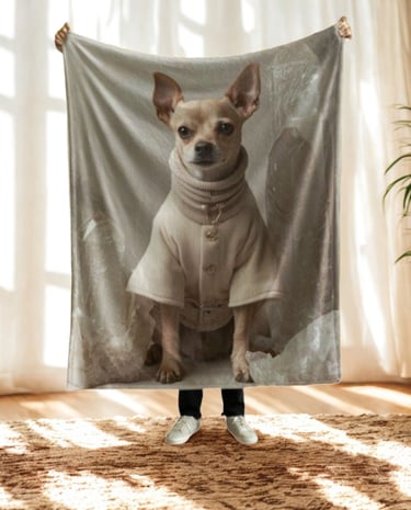 someone holding up a dog blanket
