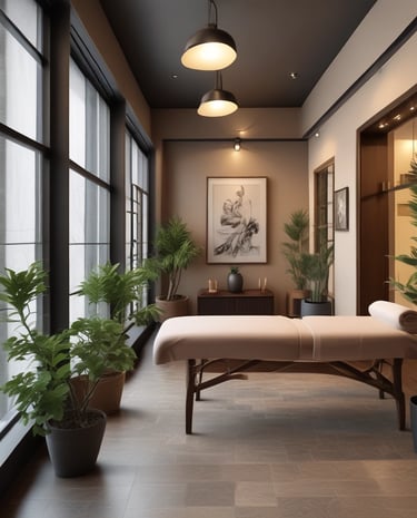 A serene massage room with calming colors and comfortable furnishings.