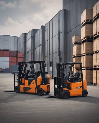 A forklift is parked on a dirt path surrounded by orange traffic cones. In the background, there are several white tents and tall trees with vibrant yellow foliage, indicative of autumn. The ground is covered with fallen leaves, adding to the autumnal atmosphere.