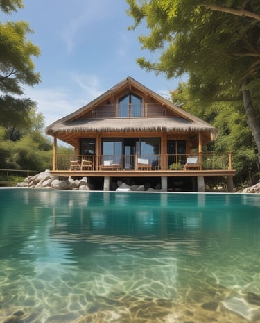 A picturesque view of a coastal area featuring a large, elegant villa perched atop a rocky cliff. The villa is surrounded by lush greenery and overlooks a sparkling body of water. Splashes of water are captured in motion against a clear blue sky. In the foreground, metal railings are visible, possibly indicating a seaside promenade or dock.