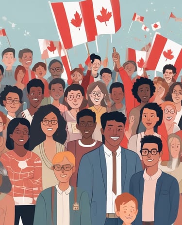 A diverse group of people celebrating their Canadian citizenship.