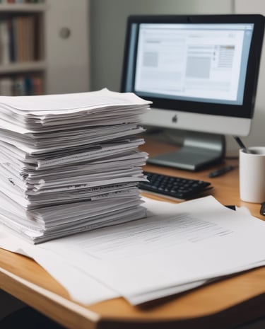 A stack of papers on a desk with a computer in the background