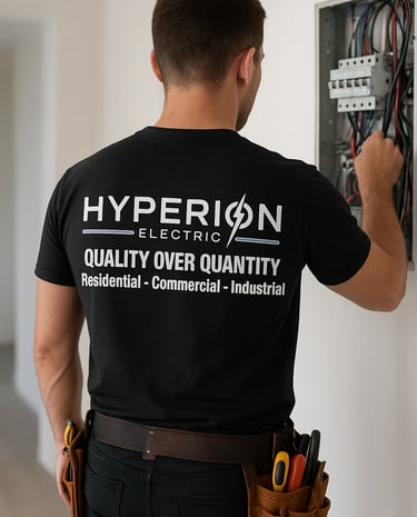 Electrician with the back of his work shirt showing the logo and a breaker panel in front of him