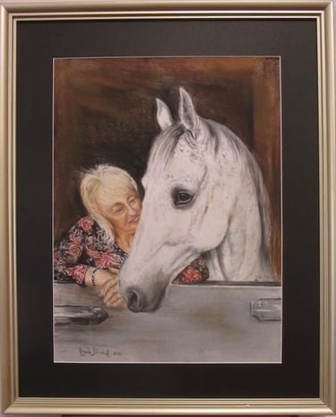 Self-portrait of me with my grey horse, taken from my sister's photograph, drawn in soft pastel