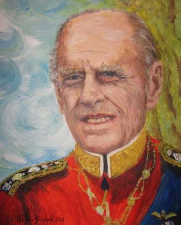 Portrait of Prince Philip, painted in acrylics as a tribute following his death; background reflects naval and environmental 