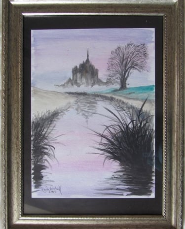 Sunrise in front of Mont Saint Michel in northern France. Painted in metallic watercolour 