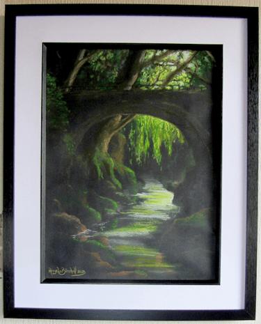 The last light of day shining through willow leaves hanging over a rippling river gives a mystical look to this scene. SOLD