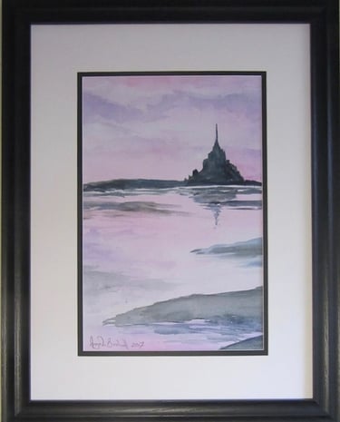 Sunrise in front of Mont Saint Michel in northern France. Pale pinks and purples. Watercolour 