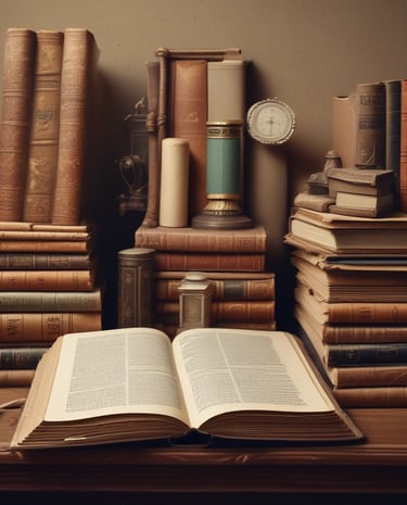 picture of old books with an opened vintage book in the foreground