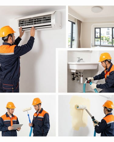A modern glass building facade with a grid pattern is shown. Two workers are performing maintenance or cleaning on a suspended platform, positioned near a large structural beam that intersects with the building's surface.