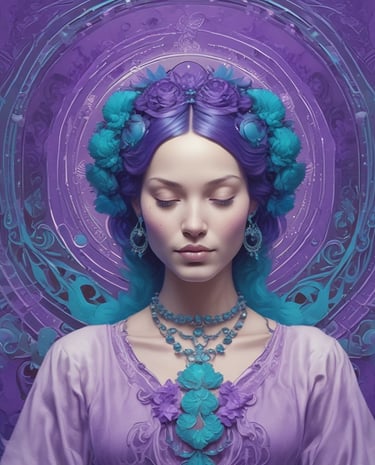 Various wellness and beauty products, including oils in bottles, a bowl of oil, dried flowers, crystals, a smudge stick, and a small dish of cream, are arranged aesthetically on a light surface. The scene is decorated with colorful flowers and herbs.