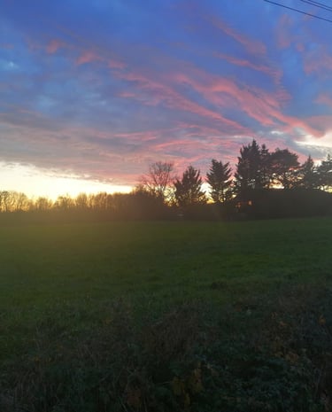 Coucher de soleil sur les champs autour de la ferme