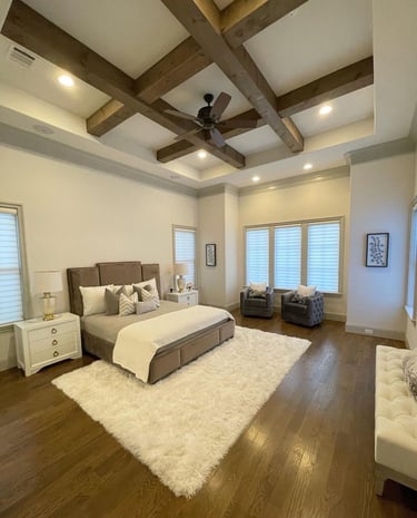 Spotless bedroom with wood ceiling and carpet after deep cleaning in Denver areaby SparkEaseCleaning