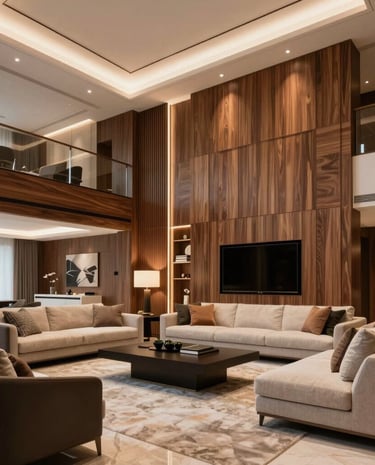 Finished interior space showcasing rich wood cladding with navy and electric blue accents.