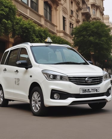 A yellow taxi cab is parked in front of a black SUV, both located near an airport terminal. The taxi displays a phone number and website for Yellow Cab Co. A Hertz rental truck is visible in the background, along with modern architecture and palm trees. The scene is well-lit with a clear blue sky.