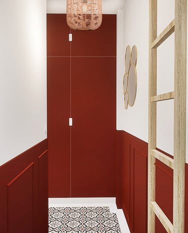 Visuel photoréaliste d'une entrée dynamique avec le rouge pour un appartement de ville